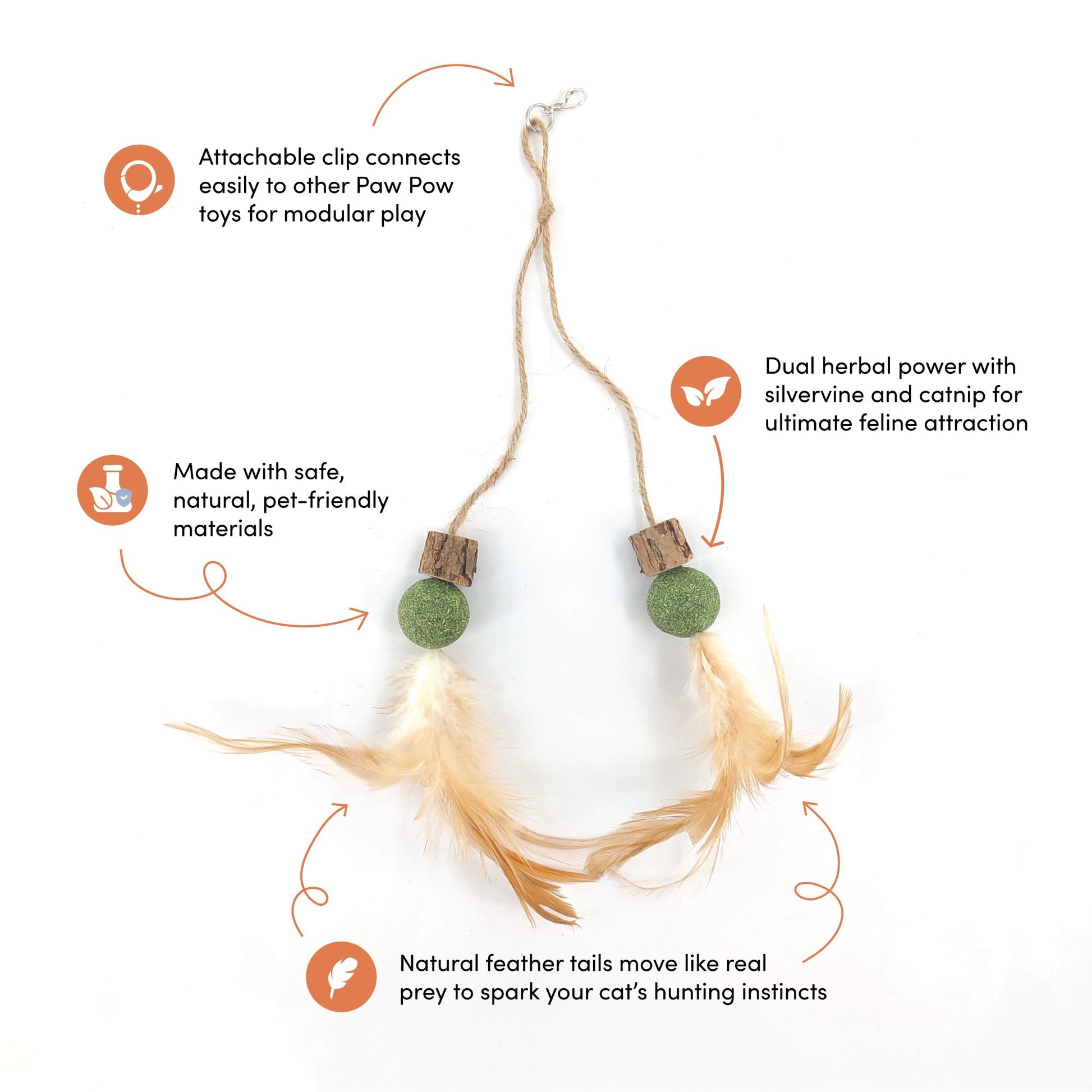 Cat Toy Tail with Silvervine Cubes, Catnip Balls & Feathers