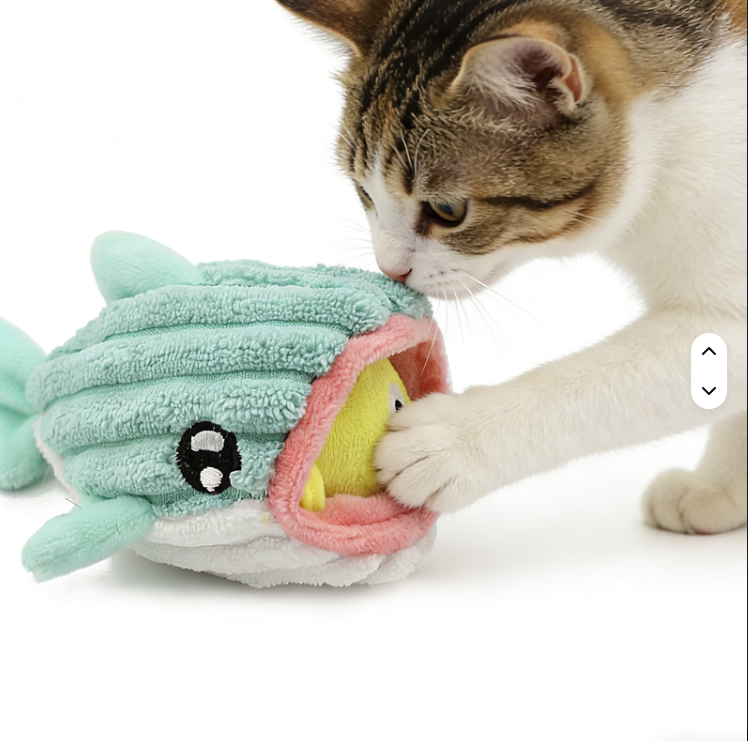 Nibbles the Whale- Interactive Cat Toy – Plush Hideout with Tethered Mini Toy & Treat Pocket